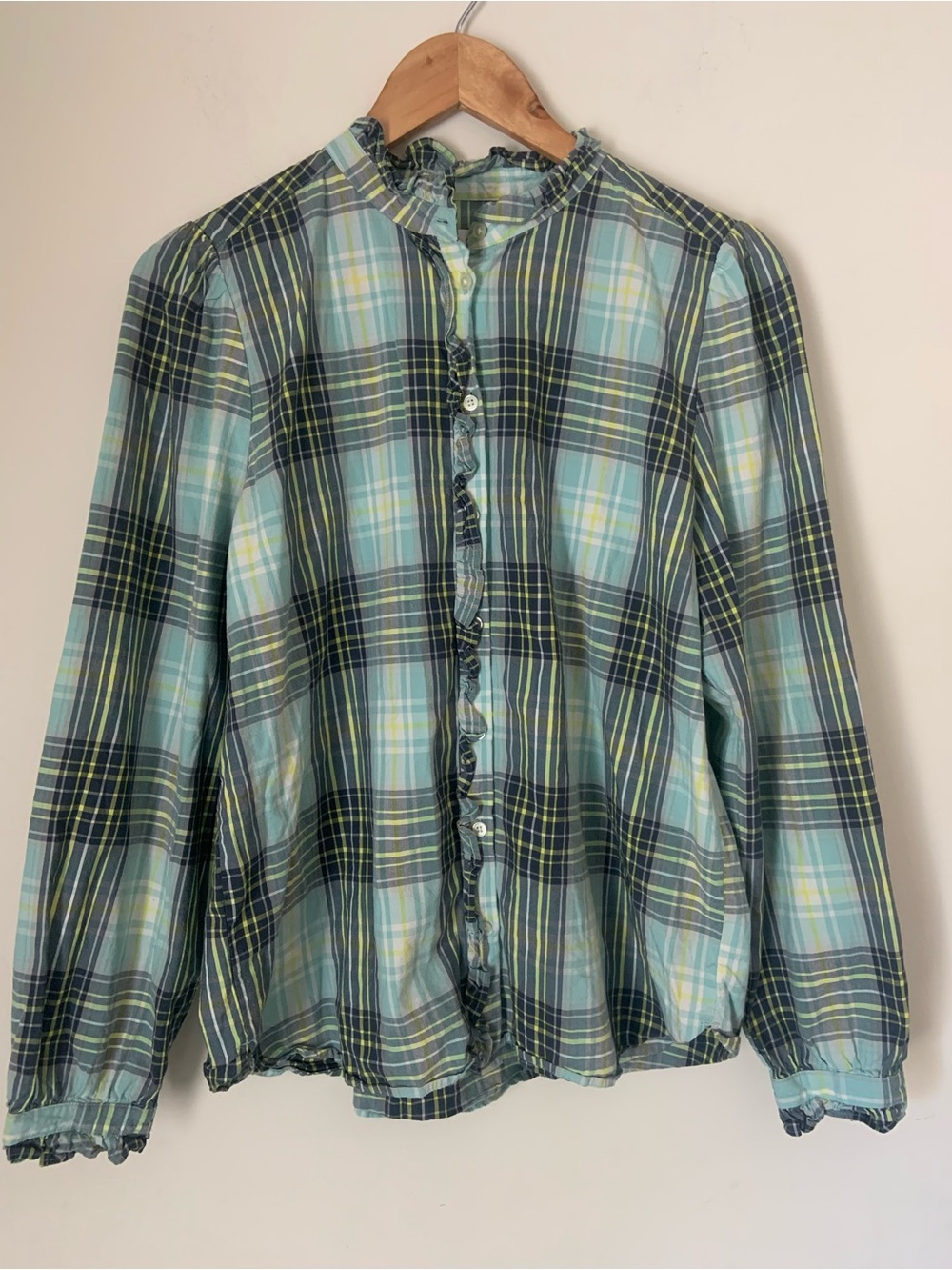 LOFT Plaid Button Front Ruffle Detail Shirt in Teal, Navy, Yellow-Green M